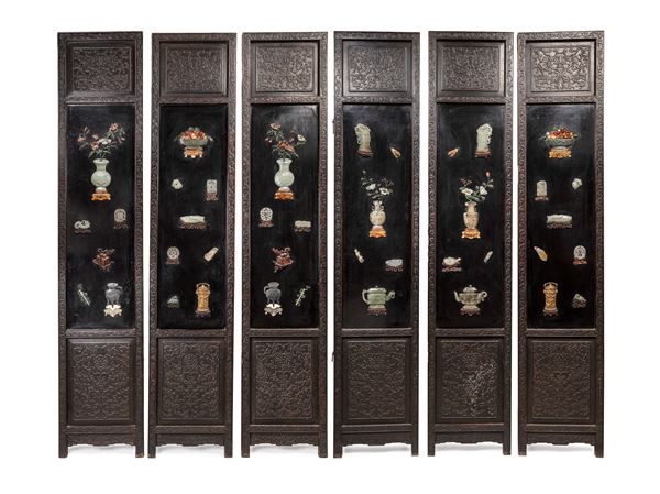SIX LACQUERED WOOD WALL PANELS WITH JADE AND HARDSTONE INLAYS