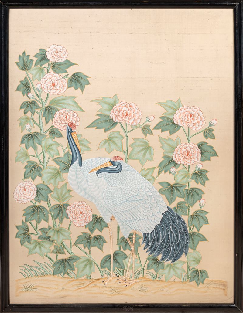 Dipinto su seta raffigurante una coppia di gru, Giappone, periodo Meiji (1868-1912)