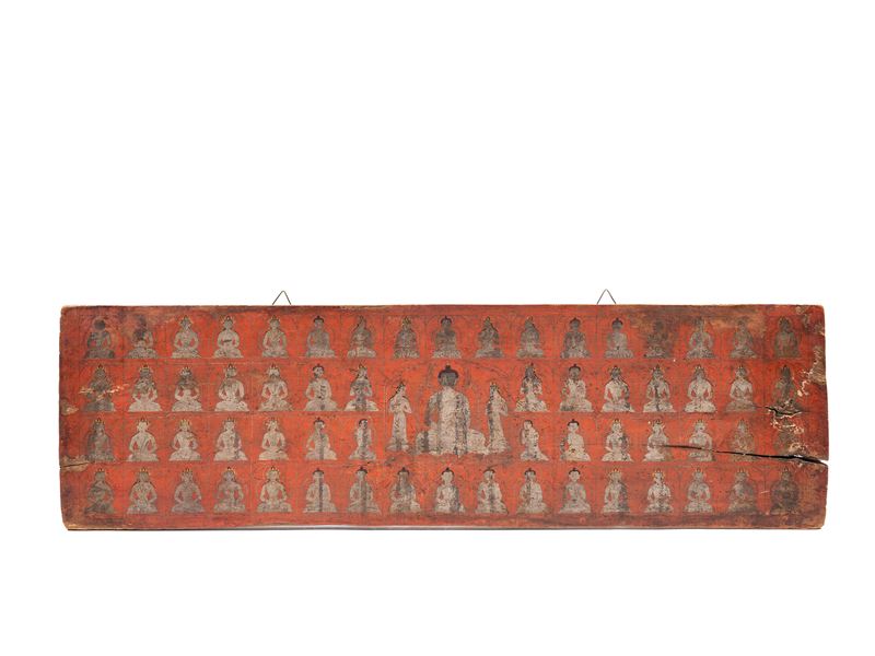 Pannello in legno, raffigurante Buddha con Sariputra e Maudgalyayana, Tibet, XVIII / XIX secolo