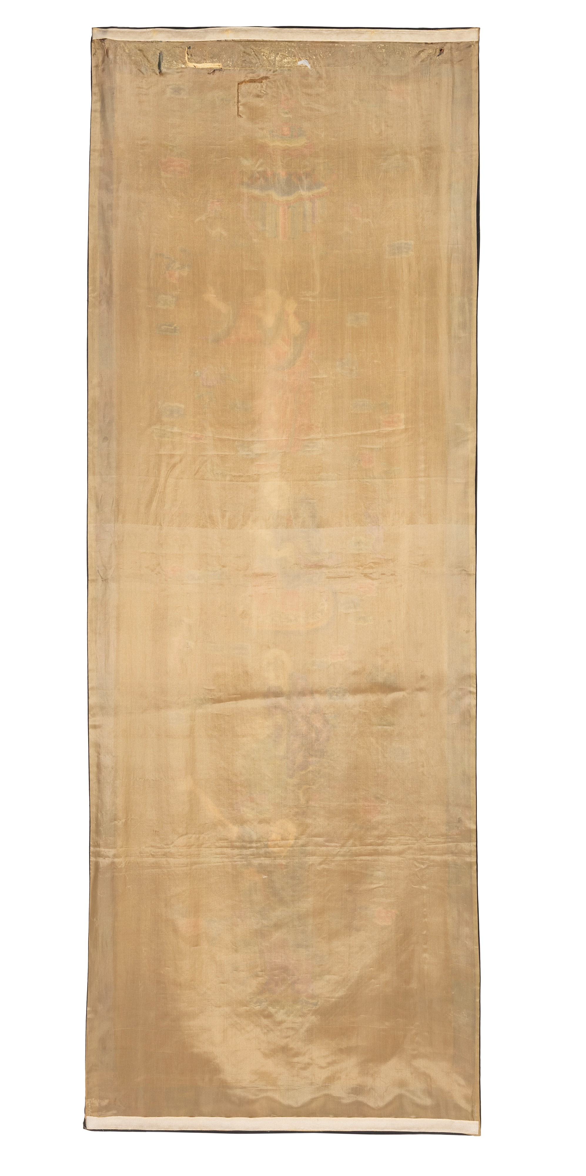 Cina, Dinastia Qing, TESSUTO IN SETA broccato con decorazione dorata e figure di arhat