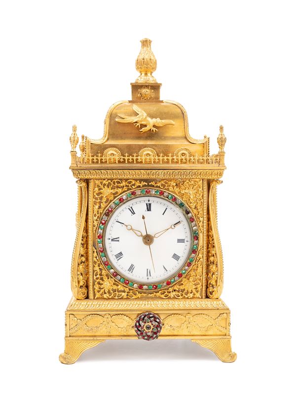 IMPORTANT CHINESE GILT-BRONZE CLOCK WITH ENAMEL PLAQUES