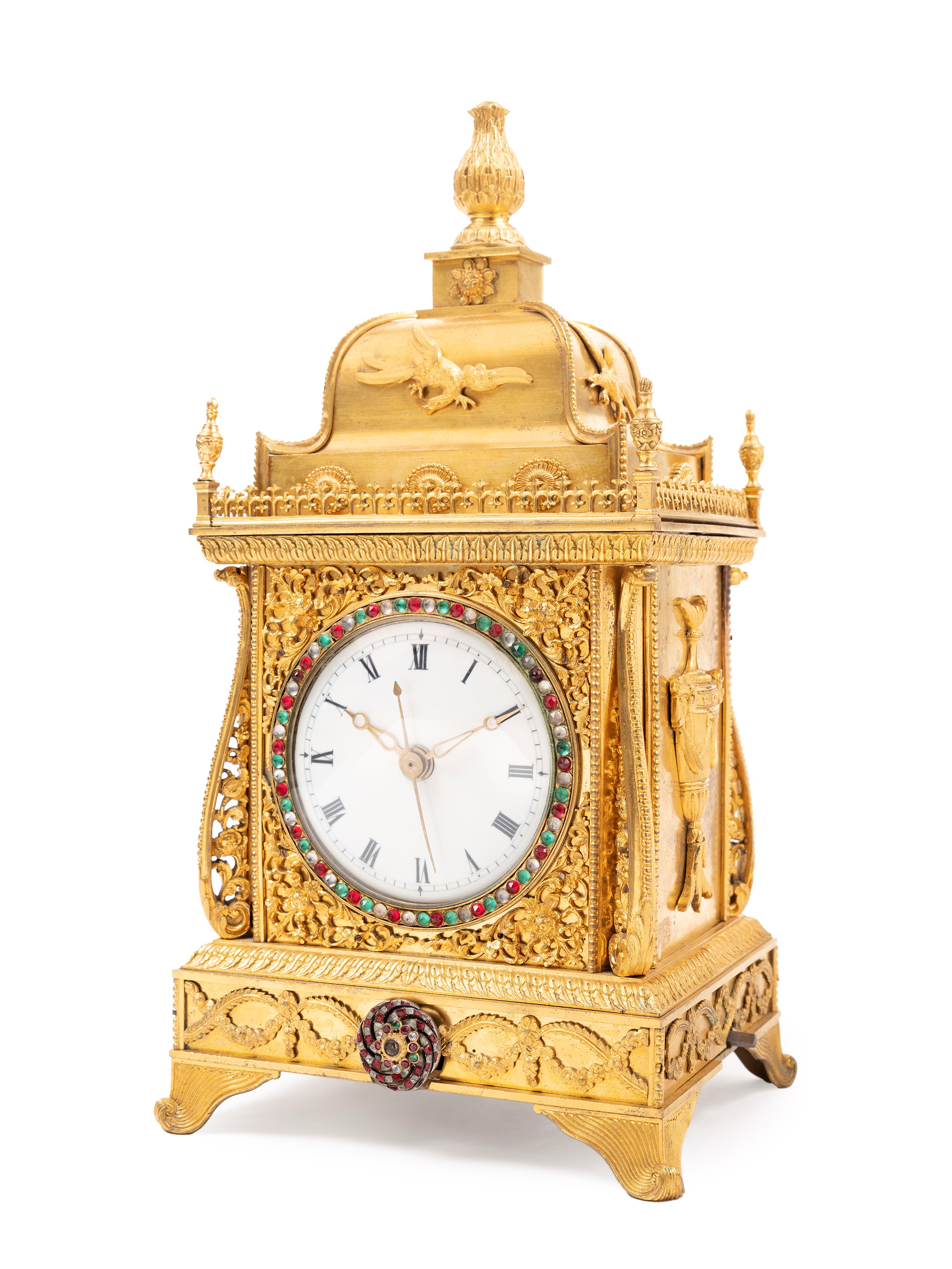 IMPORTANTE OROLOGIO CINESE IN BRONZO DORATO CON PASTE VITREE