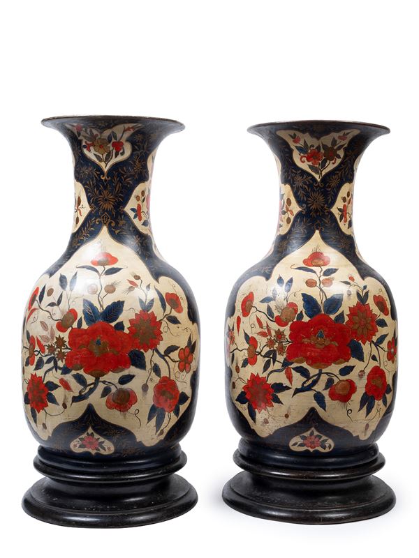A PAIR OF LARGE LACQUERED TERRACOTTA VASES PAINTED IN CHINOISERIE