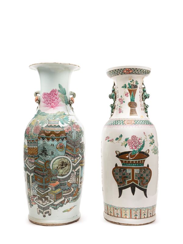 TWO CHINESE PORCELAIN VASES IN FAMILLE ROSE AND QIANJIANG ENAMEL