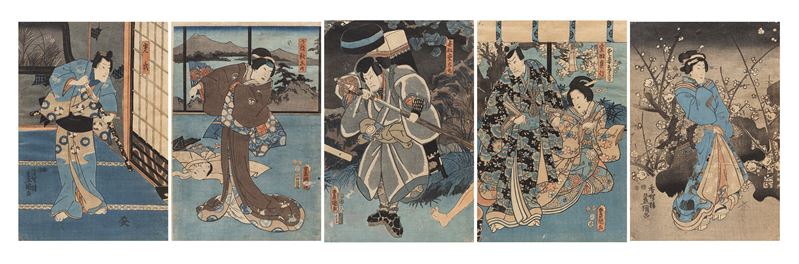 Utagawa Kunisada, Cinque incisioni da 'Del teatro del Noh' e 'Guerrieri', Giappone, periodo Meiji