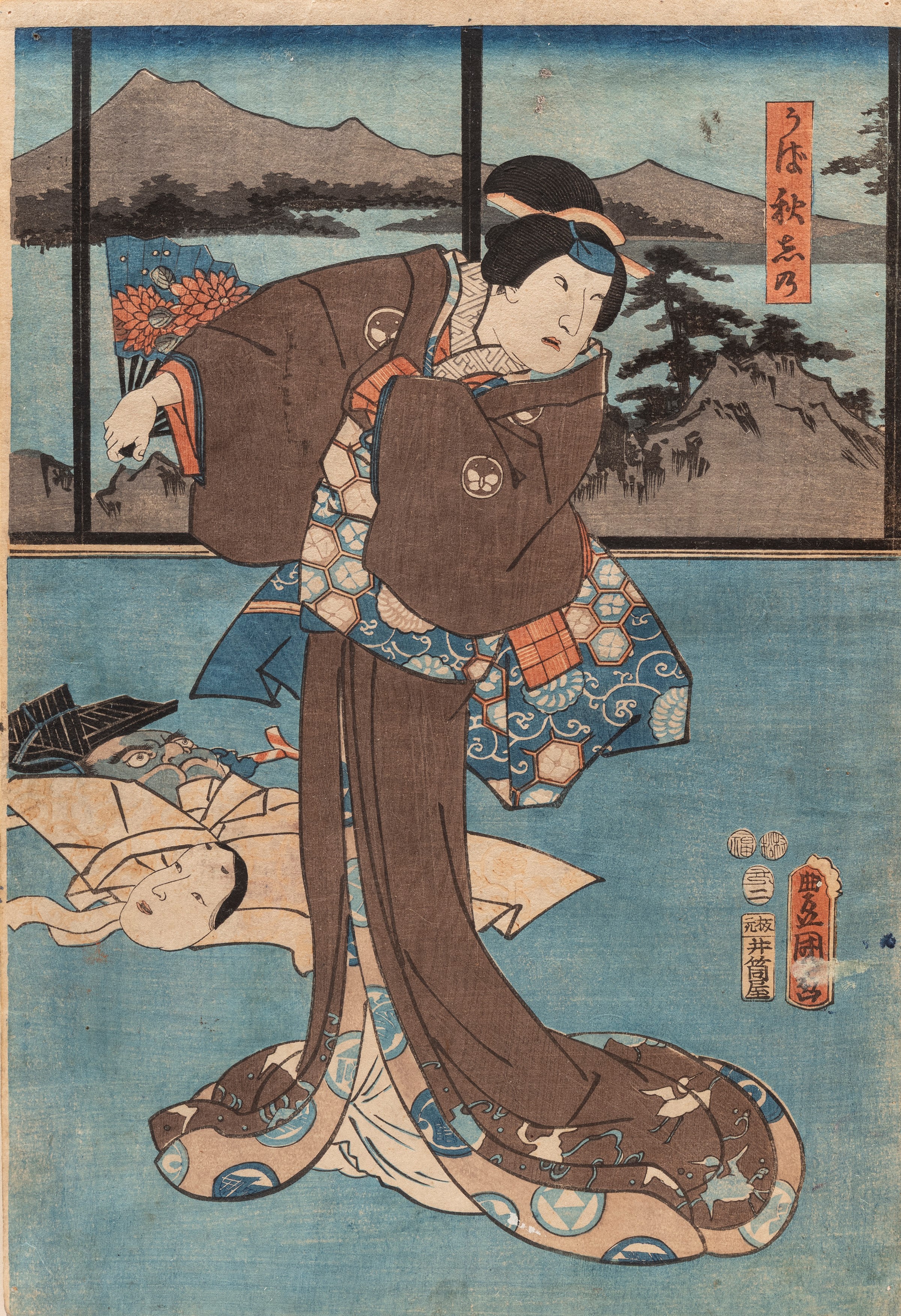 Utagawa Kunisada, Cinque incisioni da 'Del teatro del Noh' e 'Guerrieri', Giappone, periodo Meiji