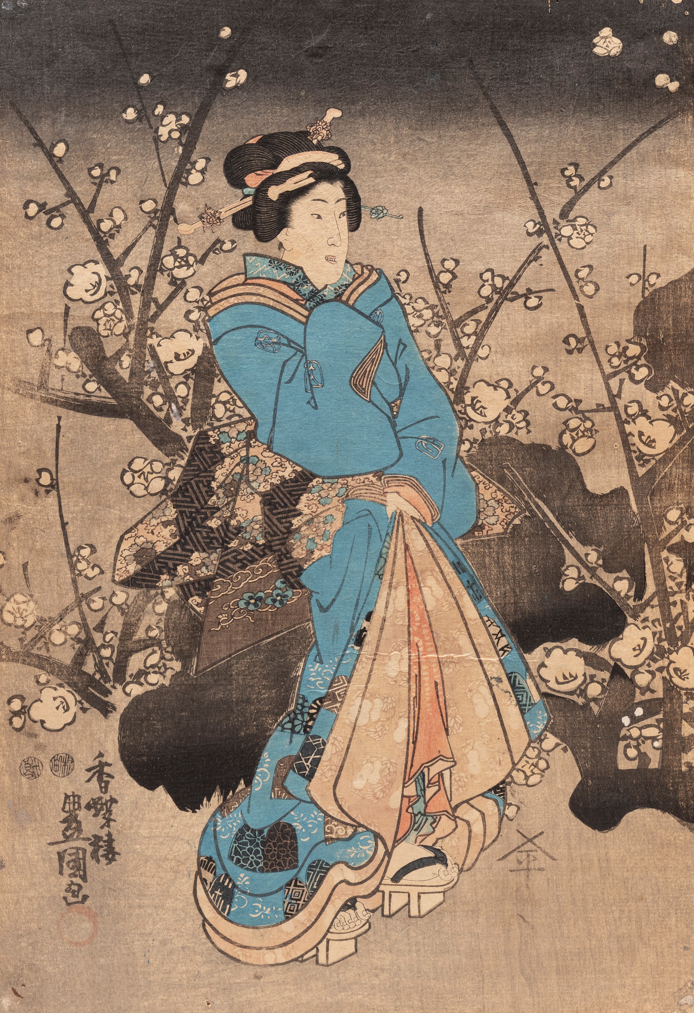 Utagawa Kunisada, Cinque incisioni da 'Del teatro del Noh' e 'Guerrieri', Giappone, periodo Meiji