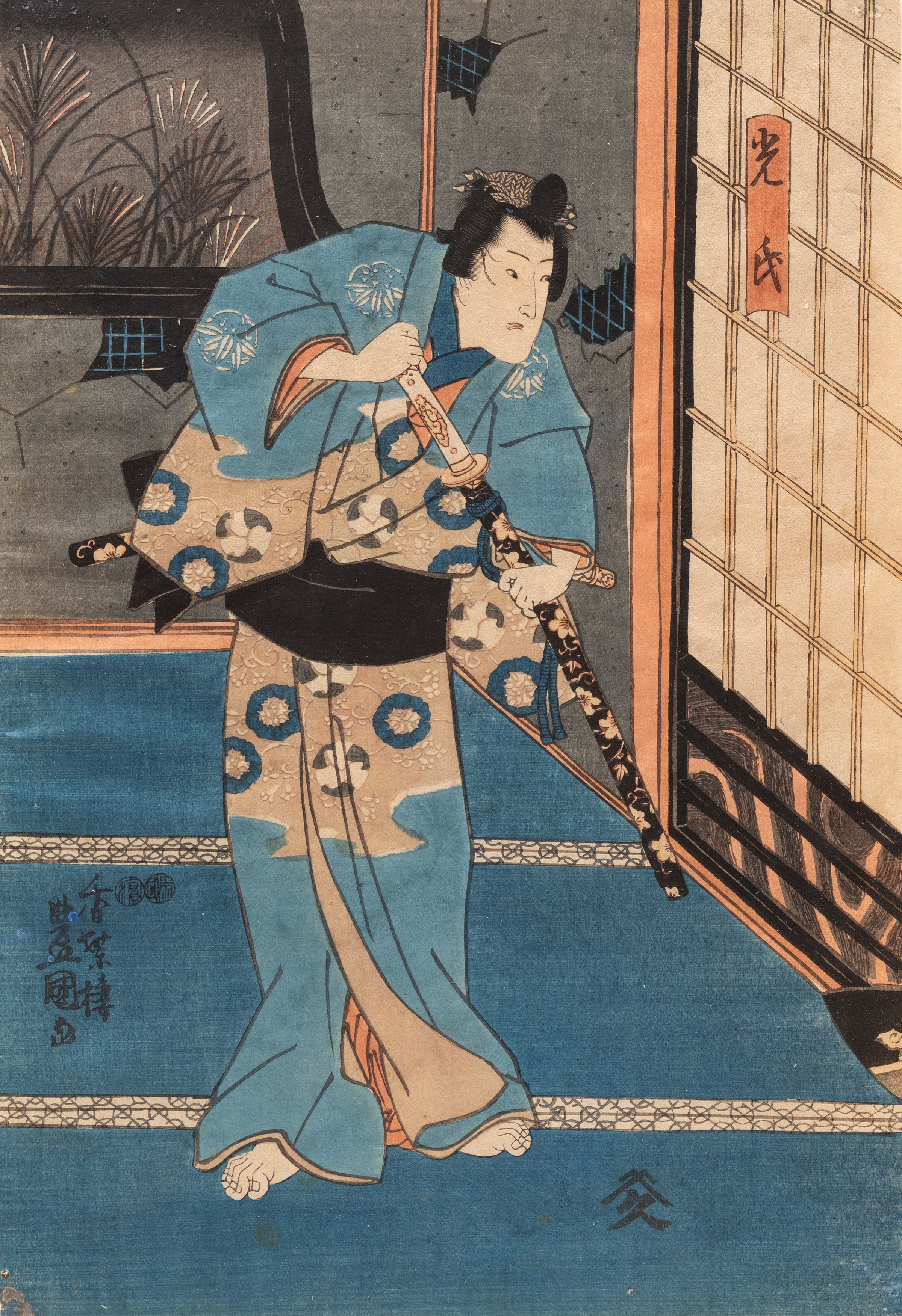 Utagawa Kunisada, Cinque incisioni da 'Del teatro del Noh' e 'Guerrieri', Giappone, periodo Meiji
