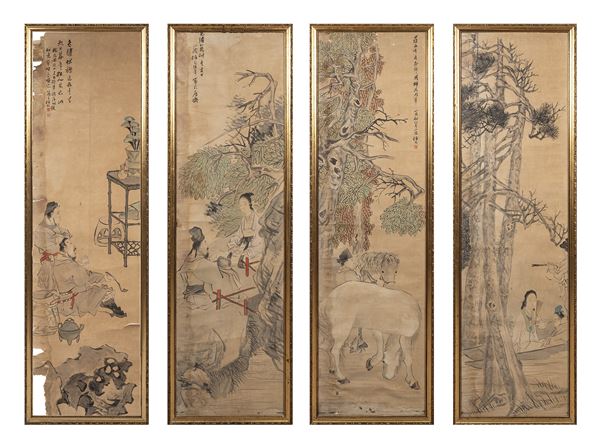 FOUR INK AND COLOUR PAINTINGS ON PAPER