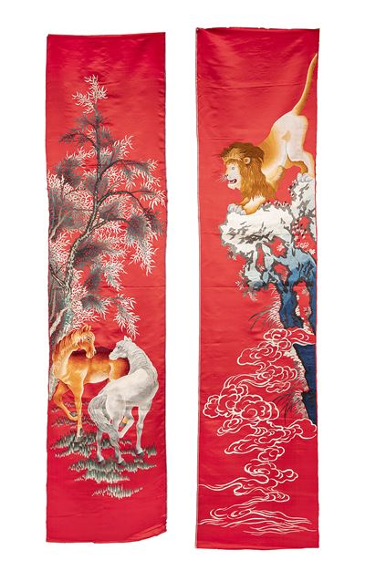 Cina, Due scroll in seta rossa, XX secolo