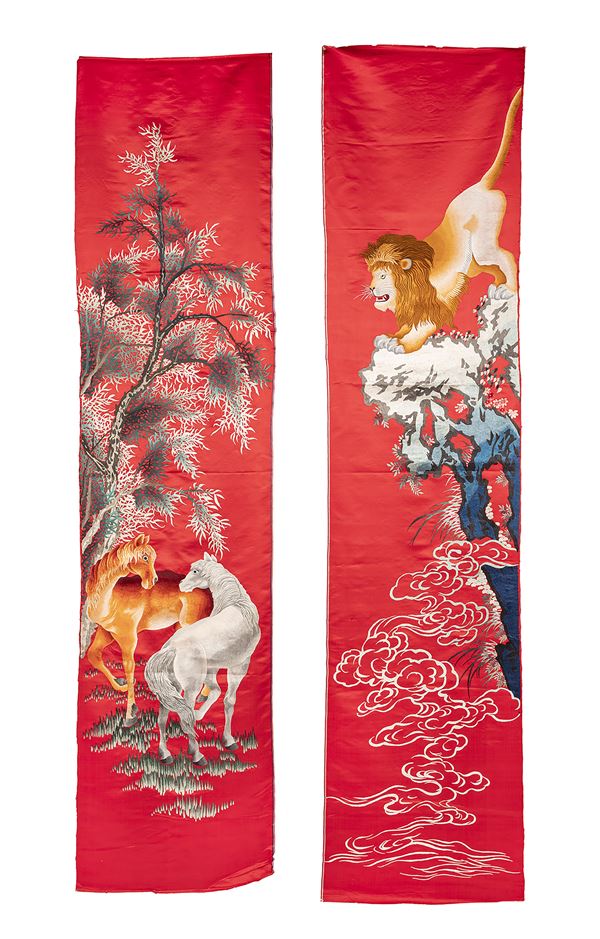 TWO EMBROIDERIES ON RED SILK