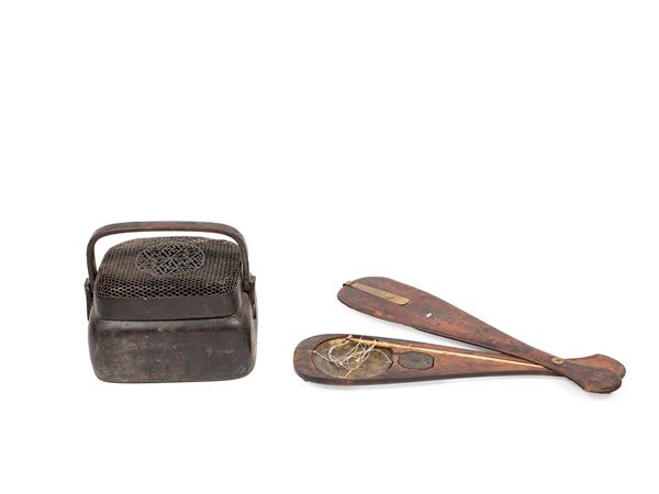 A BRASS HAND WARMER AND A WOODEN BALANCE SCALE