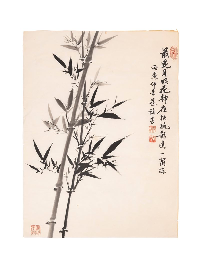 Dipinto su carta, albero di bambù e profilo di cervo, Cina, dinastia Qing