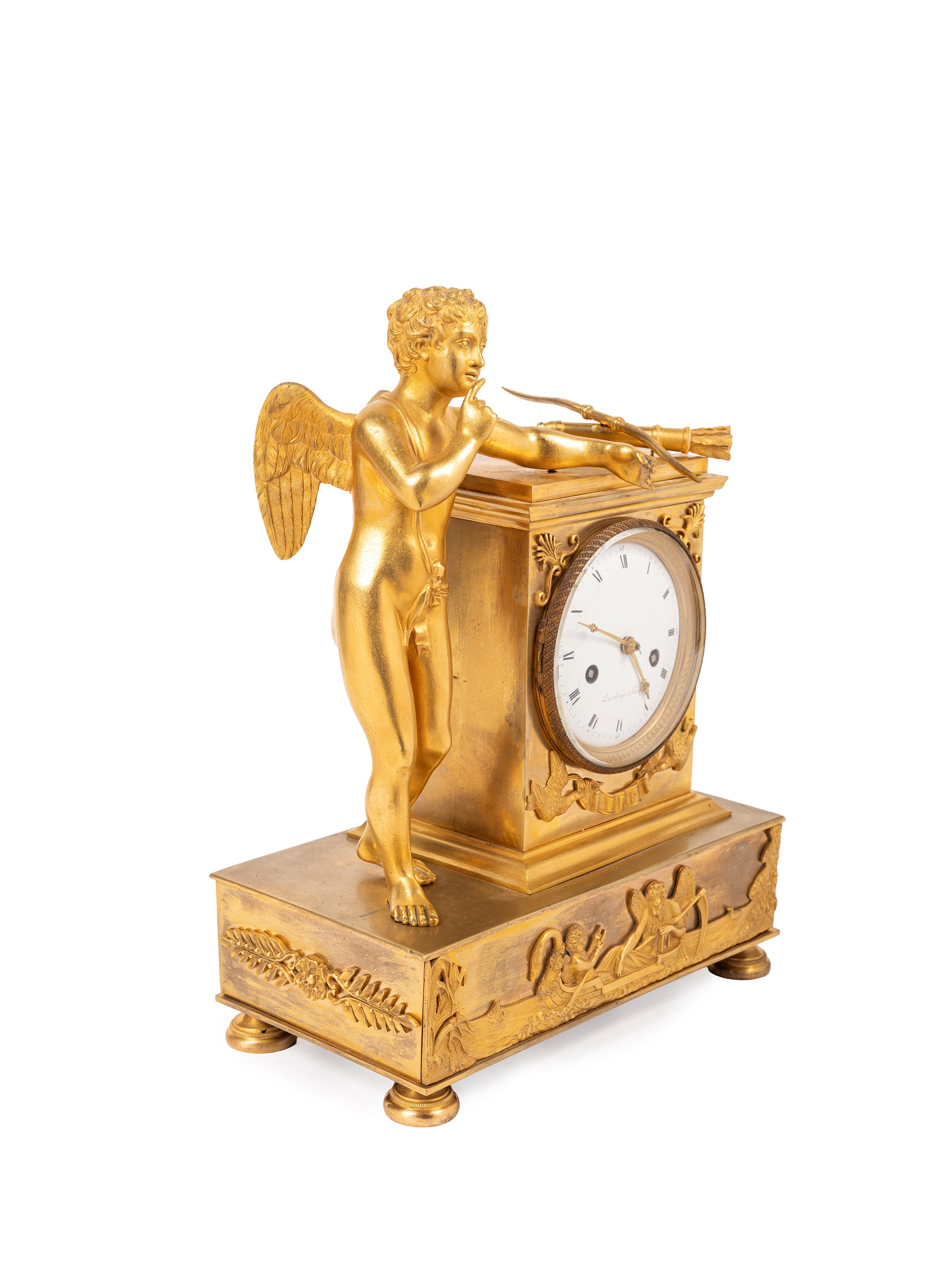 Pendola in bronzo dorato raffigurante Cupido e Cronos, inizio XIX secolo