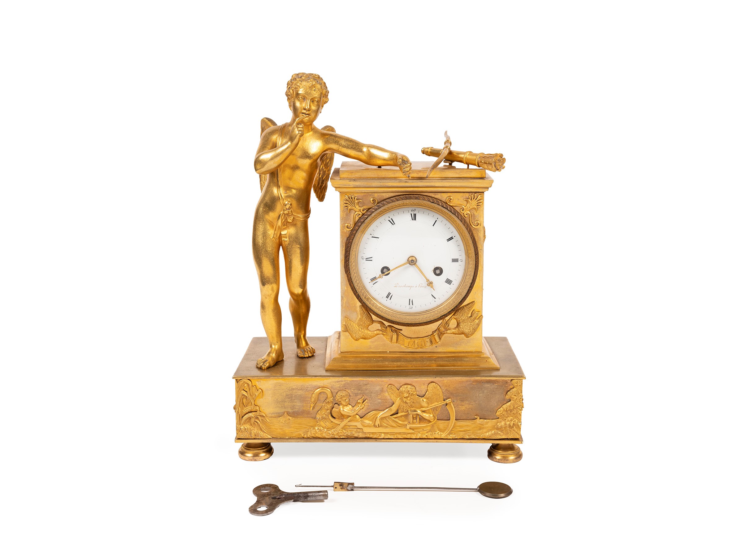Pendola in bronzo dorato raffigurante Cupido e Cronos, inizio XIX secolo