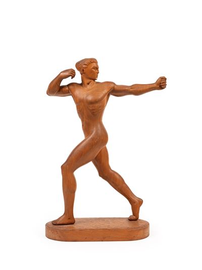 Pacqueur E., Scultura lignea raffigurante atleta, h 35 cm