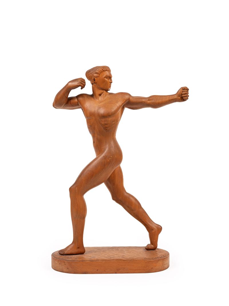 Pacqueur E., Scultura lignea raffigurante atleta, h 35 cm