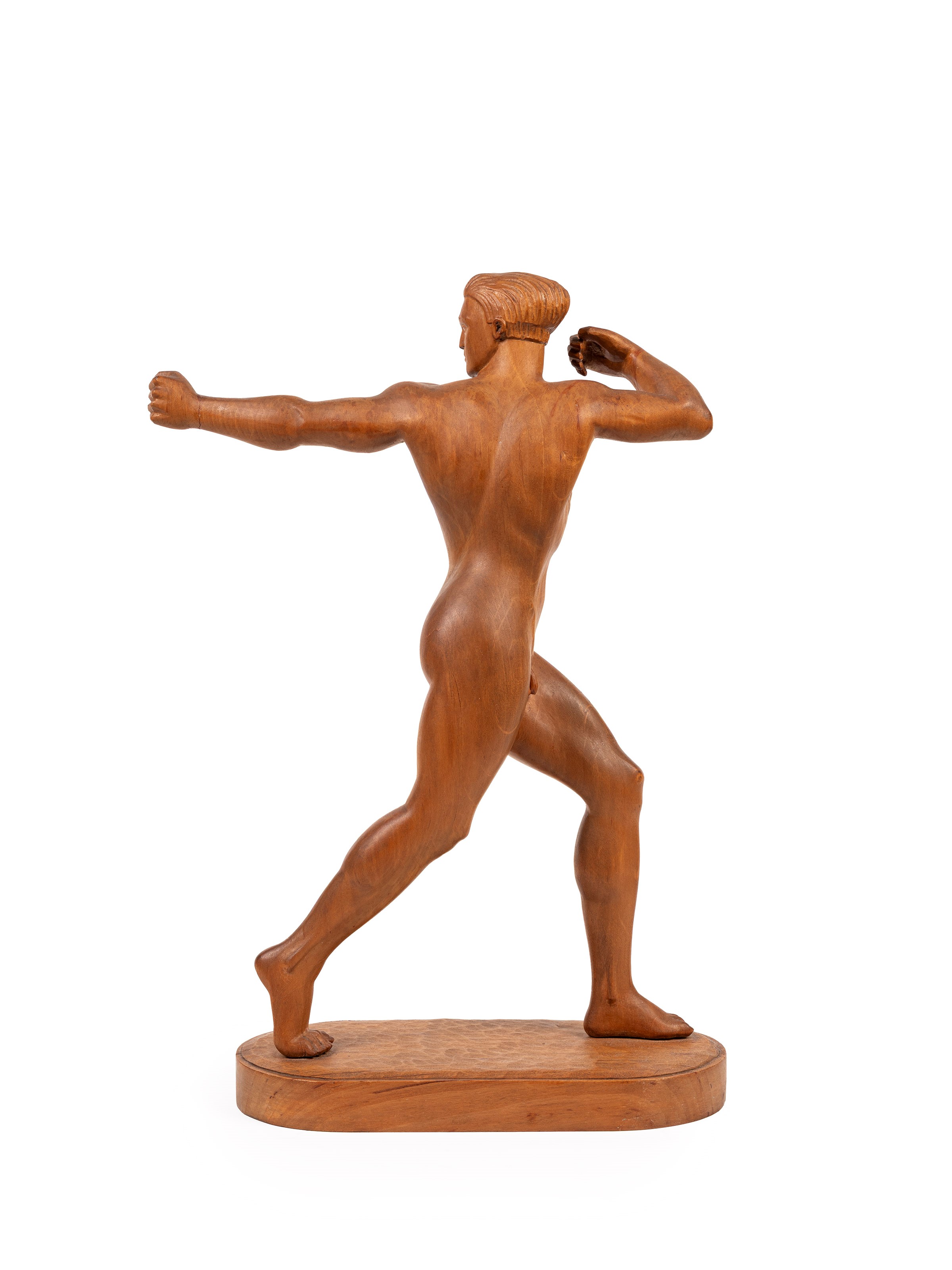 Pacqueur E., Scultura lignea raffigurante atleta, h 35 cm