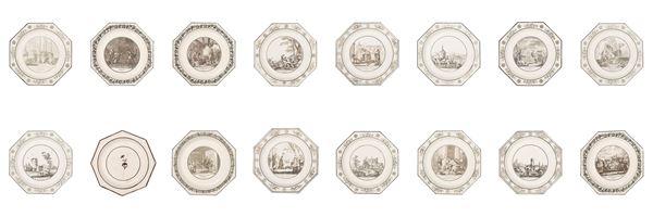 FIFTEEN MAIOLICA SAUCER PLATES WITH VIEWS AND ONE WITH A FLOWER