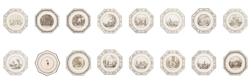 Piattini in maiolica con vedute, Montereau Faience, inizi XIX secolo