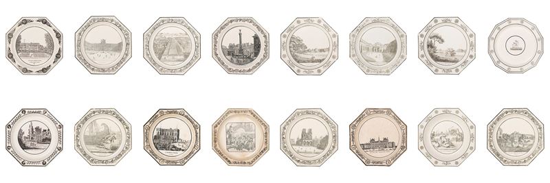 Set di sedici piatti decorativi, Creil Théodore, Francia, inizio XIX secolo