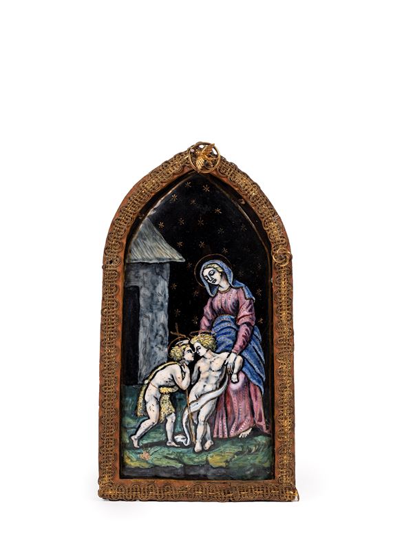 ANTIQUE LIMOGES ENAMEL PLAQUE DEPICTING THE MADONNA WITH JESUS AND SAINT JOHN THE BAPTIST