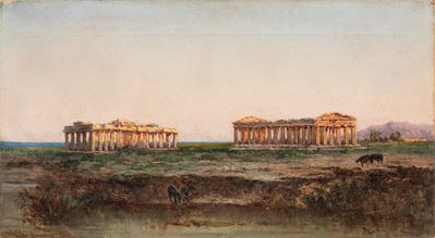 Scuola Italiana, Paesaggio raffigurante i Templi di Paestum, olio su tela