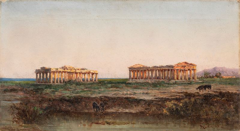 Scuola Italiana, Paesaggio raffigurante i Templi di Paestum, olio su tela