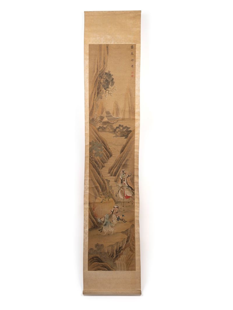 Dipinto a scroll su seta, paesaggio montano, Cina, dinastia Qing, XIX secolo
