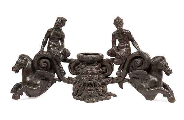 (Attribuito a) Andrea di Bartolomeo detto il Bresciano - A RARE BRONZE ANDIRONS