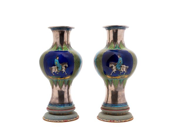 A PAIR OF SILVER AND CLOISONNÉ ENAMEL BOTTLE-SHAPED VASES