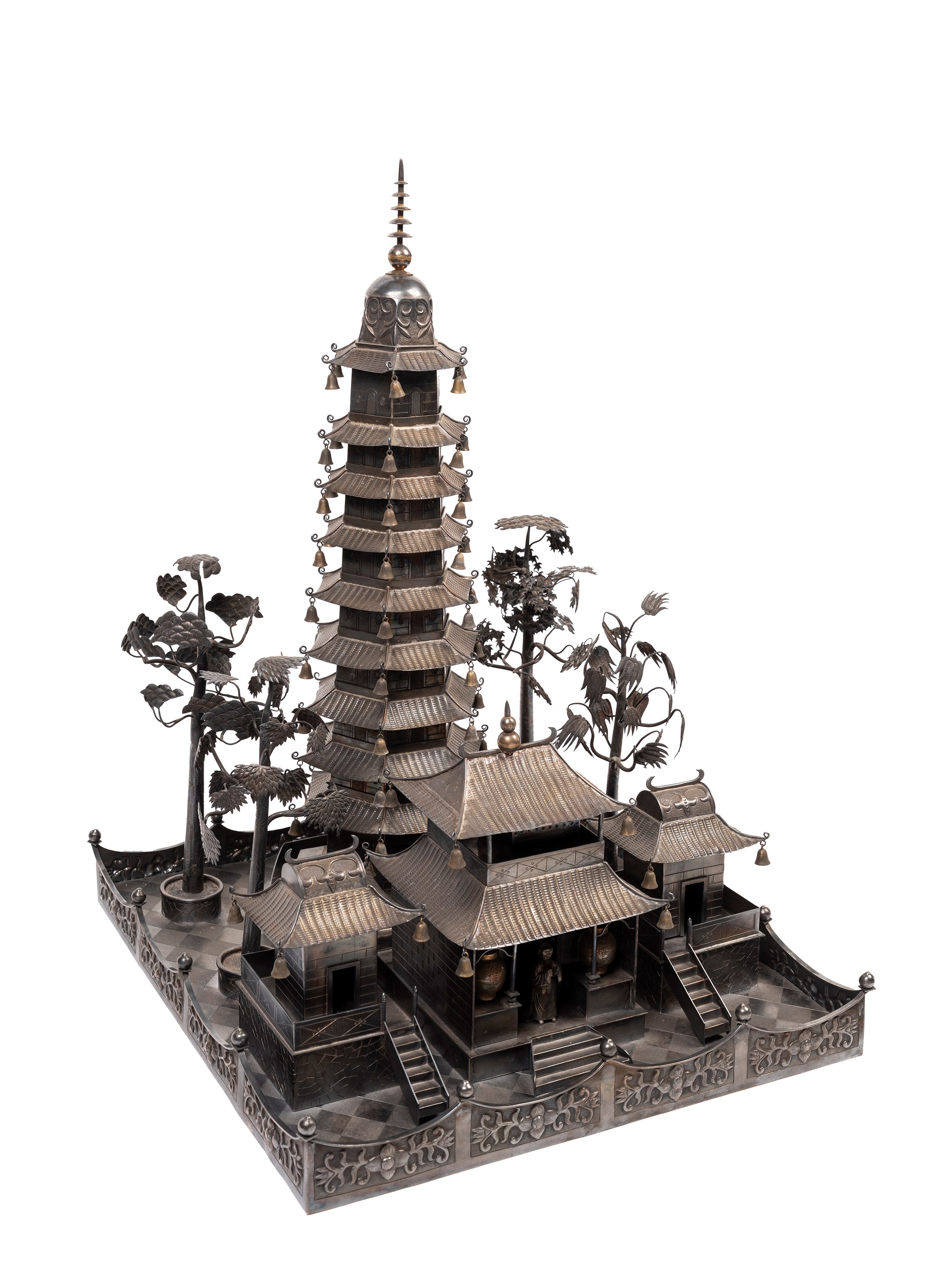 Tempio cinese in argento con pagode, XX secolo