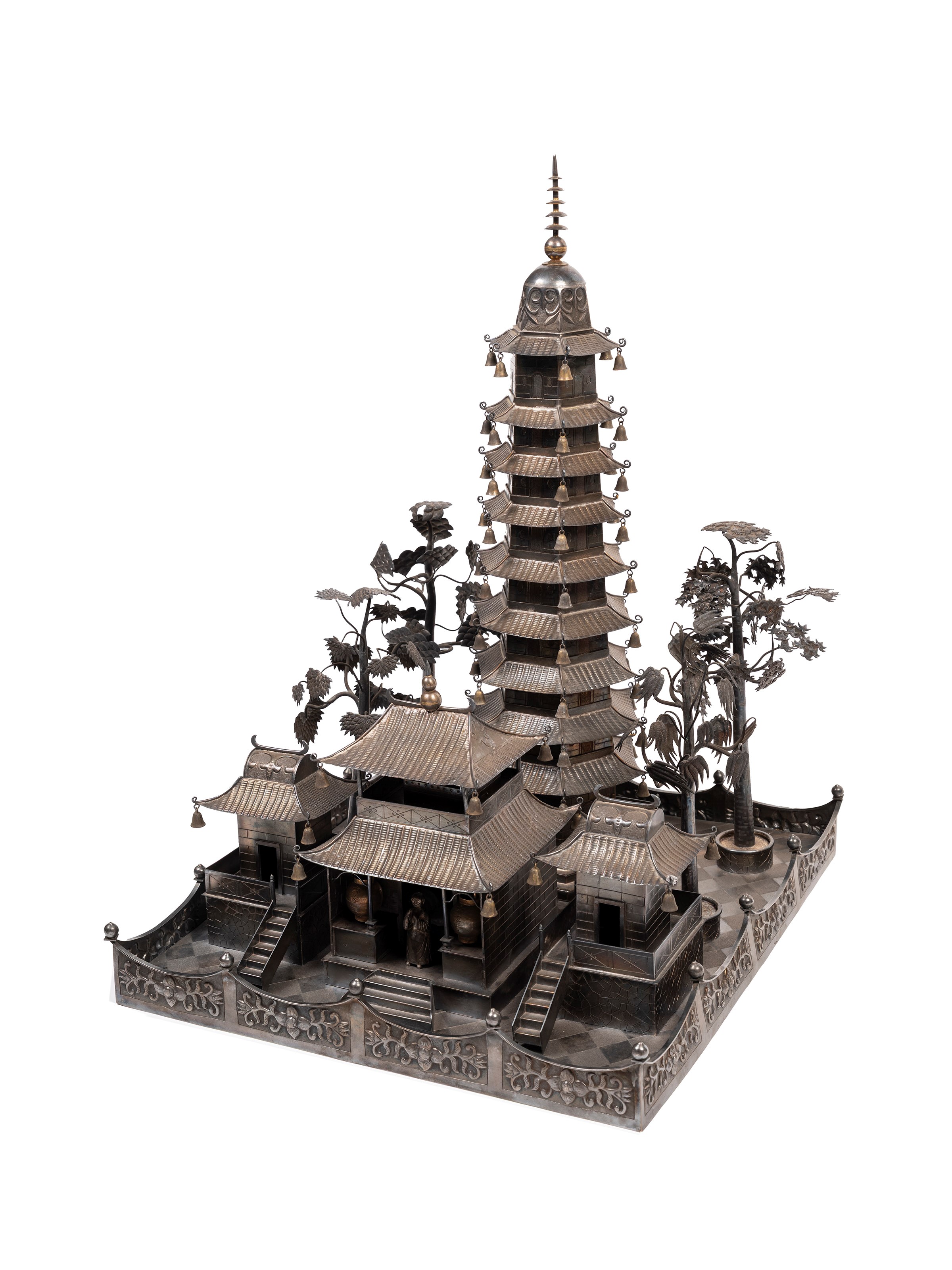 Tempio cinese in argento con pagode, XX secolo