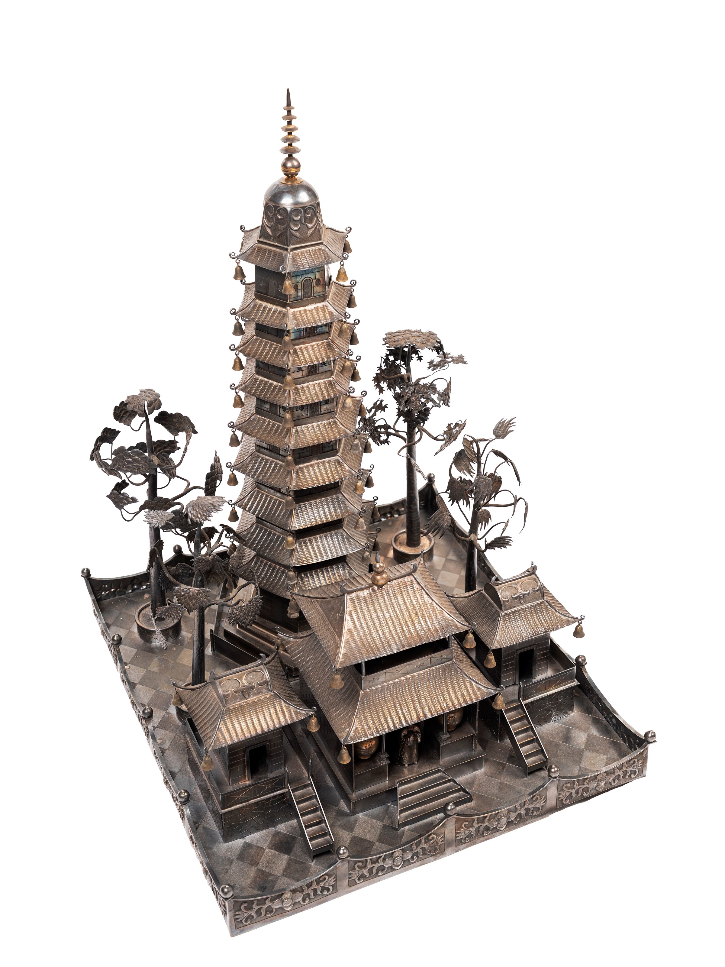 Tempio cinese in argento con pagode, XX secolo
