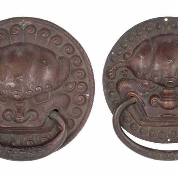 PAIR OF EMBOSSED COPPER KNOCKER