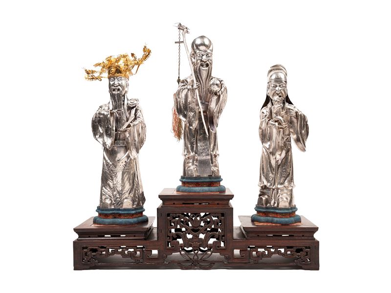 Tre sculture in argento raffiguranti San Xing, Cina, XX secolo