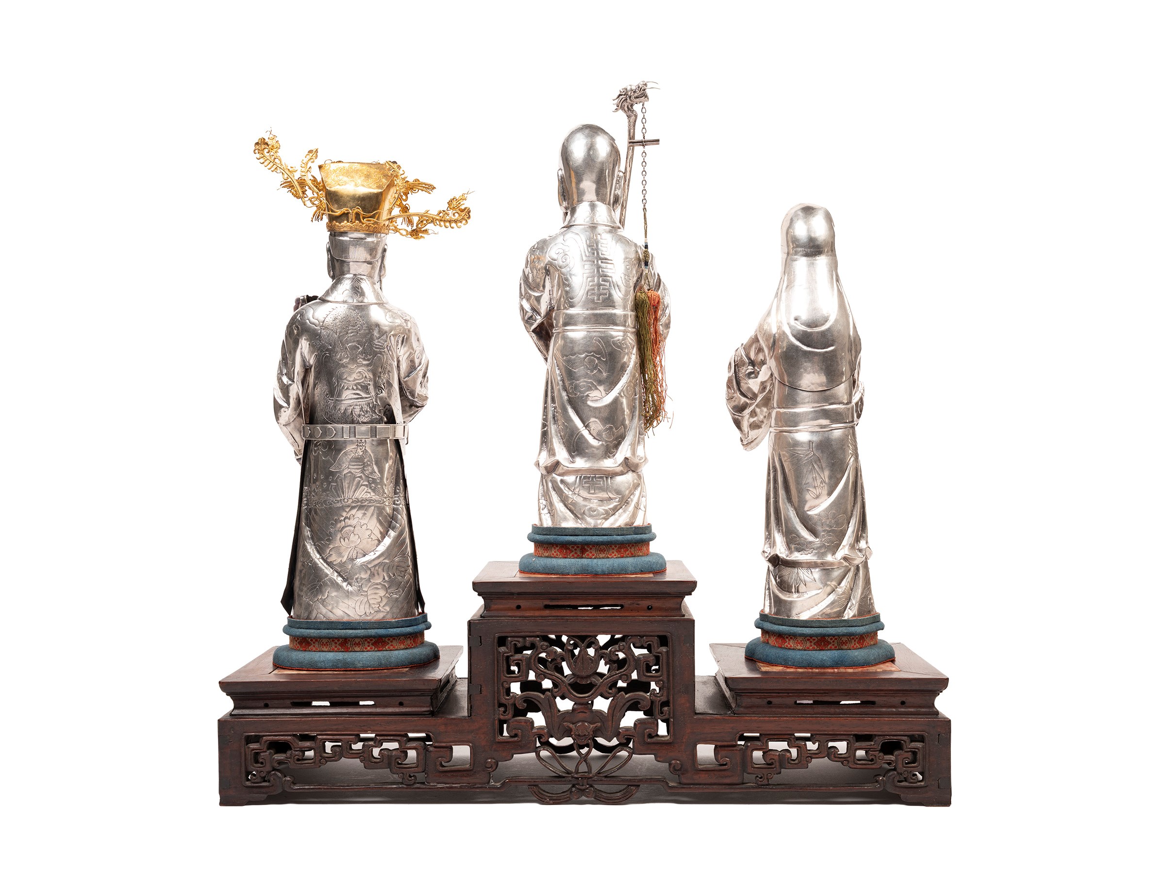 Tre sculture in argento raffiguranti San Xing, Cina, XX secolo