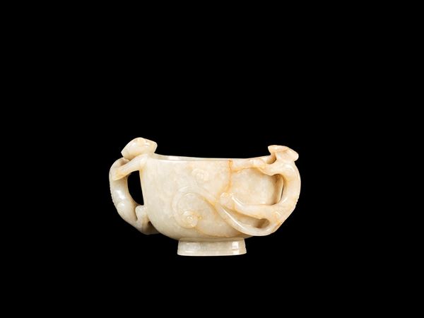 A JADE AND RUSSETT ‘QILONG’ LIBATION CUP