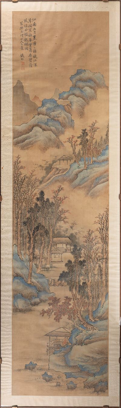 Dipinto a scroll su seta, Paesaggio montano con figure, Cina, dinastia Qing, XIX secolo