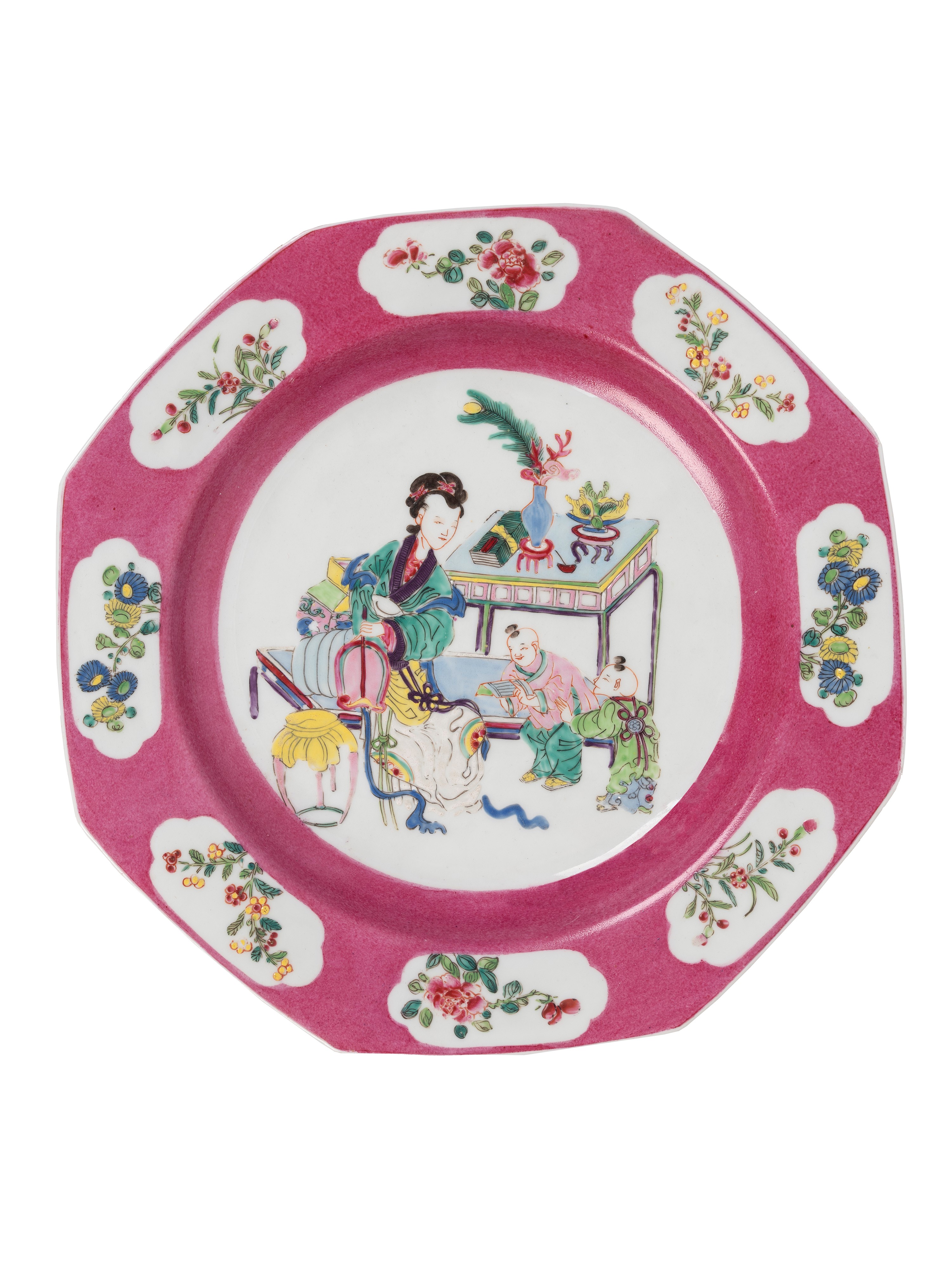 COPPIA DI PIATTI IN PORCELLANA POLICROMA FAMIGLIA ROSA