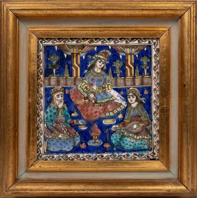 Mattonella in faenza siliceo, modellata e dipinta, Iran, Qajar, inizio XX secolo