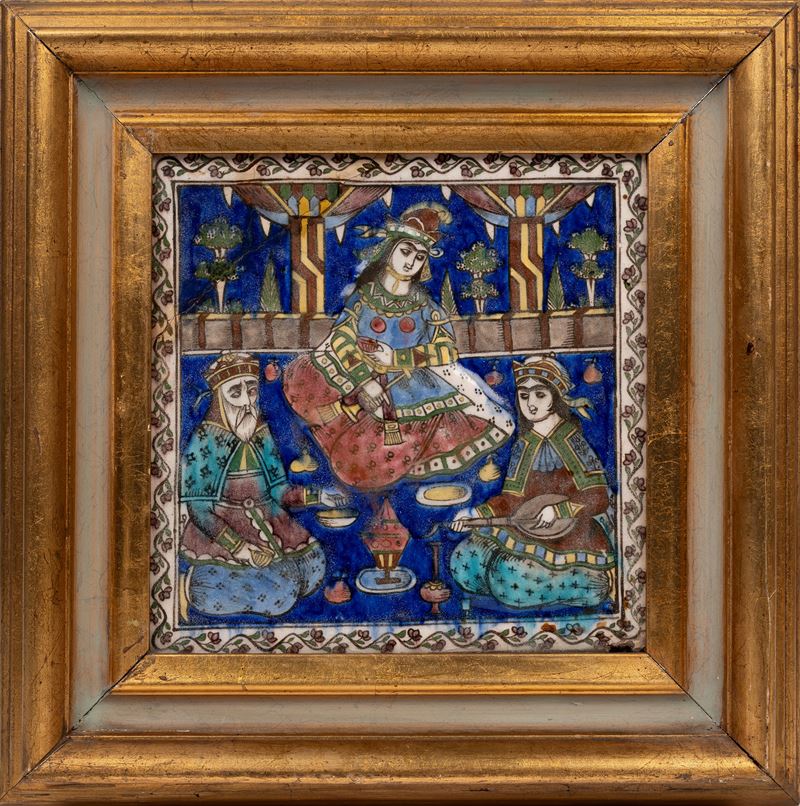 Mattonella in faenza siliceo, modellata e dipinta, Iran, Qajar, inizio XX secolo