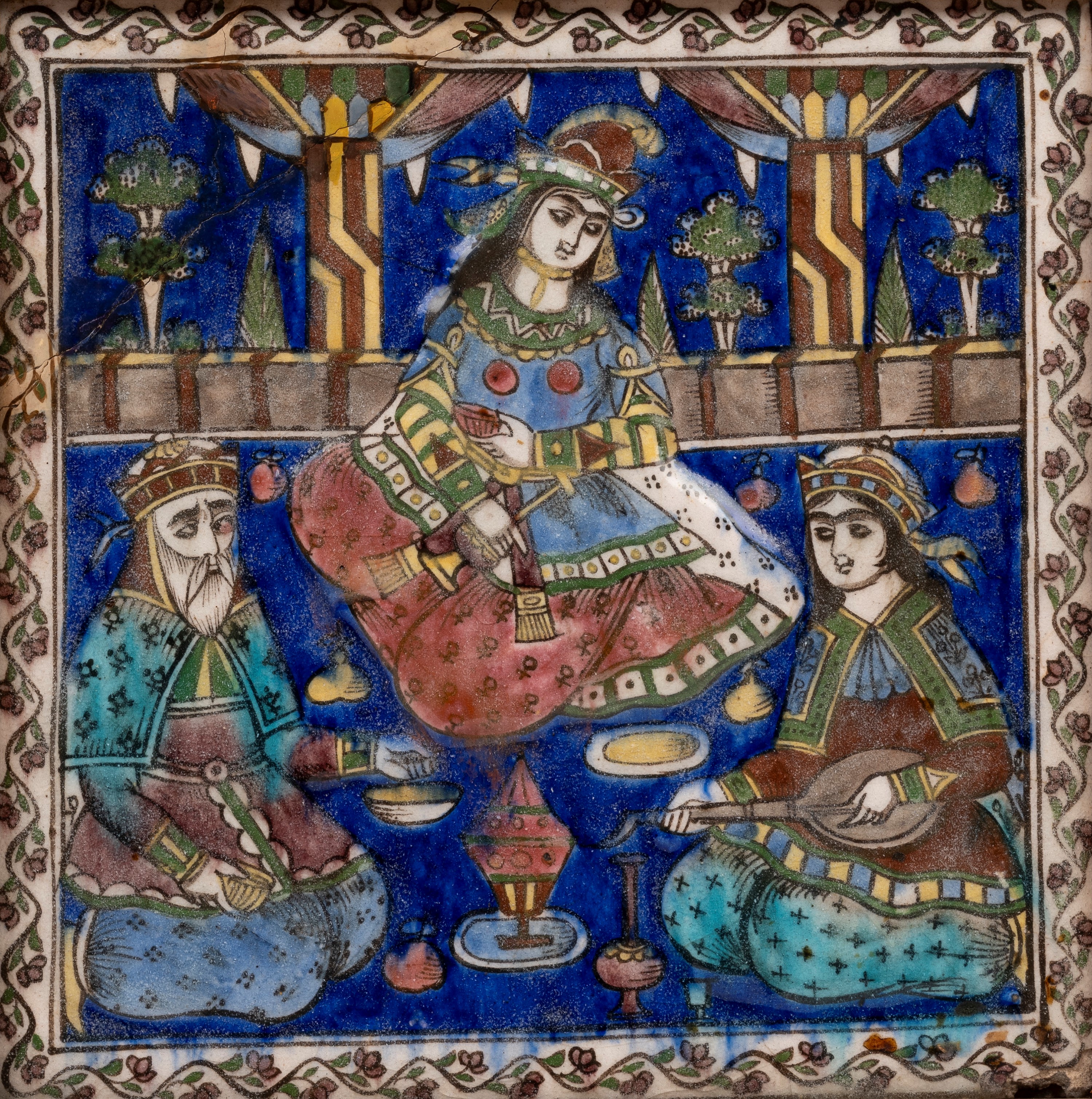 Mattonella in faenza siliceo, modellata e dipinta, Iran, Qajar, inizio XX secolo