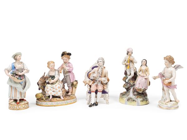 FIVE POLYCHROME PORCELAIN SCULPTURES