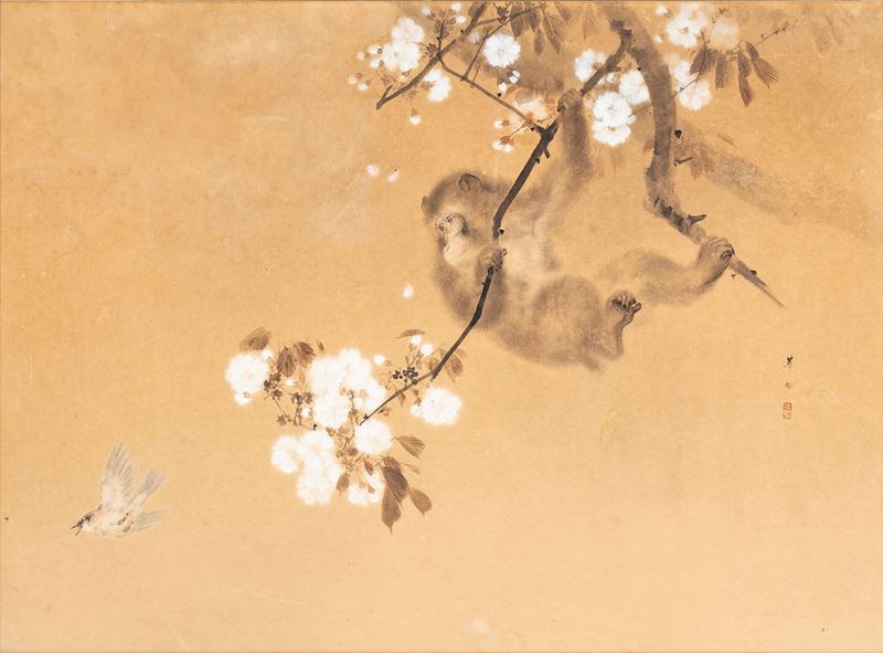 Dipinto su carta, Scimmia su albero di ciliegio, Giappone, periodo Meiji