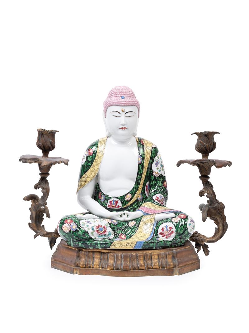 FIGURA DI BUDDHA IN PORCELLANA MONTATO IN BRONZO