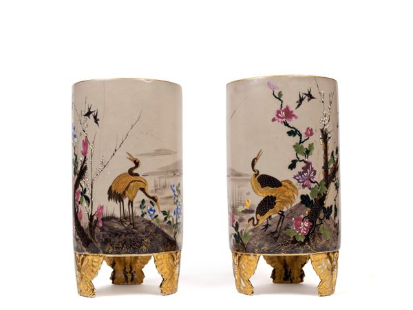 PAIR OF POLYCHROME PORCELAIN VASES