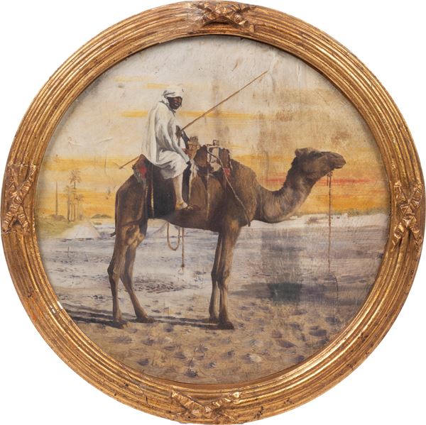ROUND ORIENTALIST PAINTING DEPICTING BEDOUINS