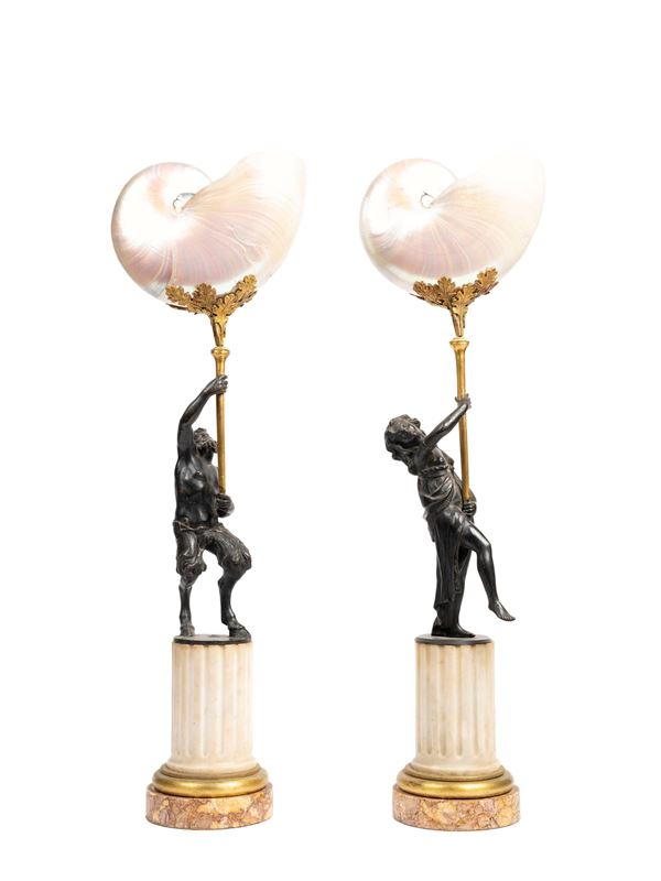 PAIR OF NAUTILUS SHELLS MOUNTED IN BRONZE AND MARBLE