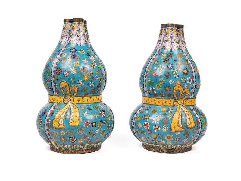 COPPIA DI VASI DOPPIA ZUCCA CONGIUNTA IN CLOISONNÈ